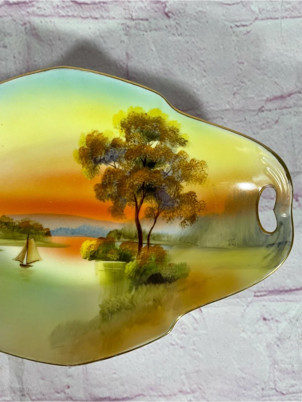 Vintage Noritake Hand Painted Sailboat On River Sunset Relish Dish Gold Trim